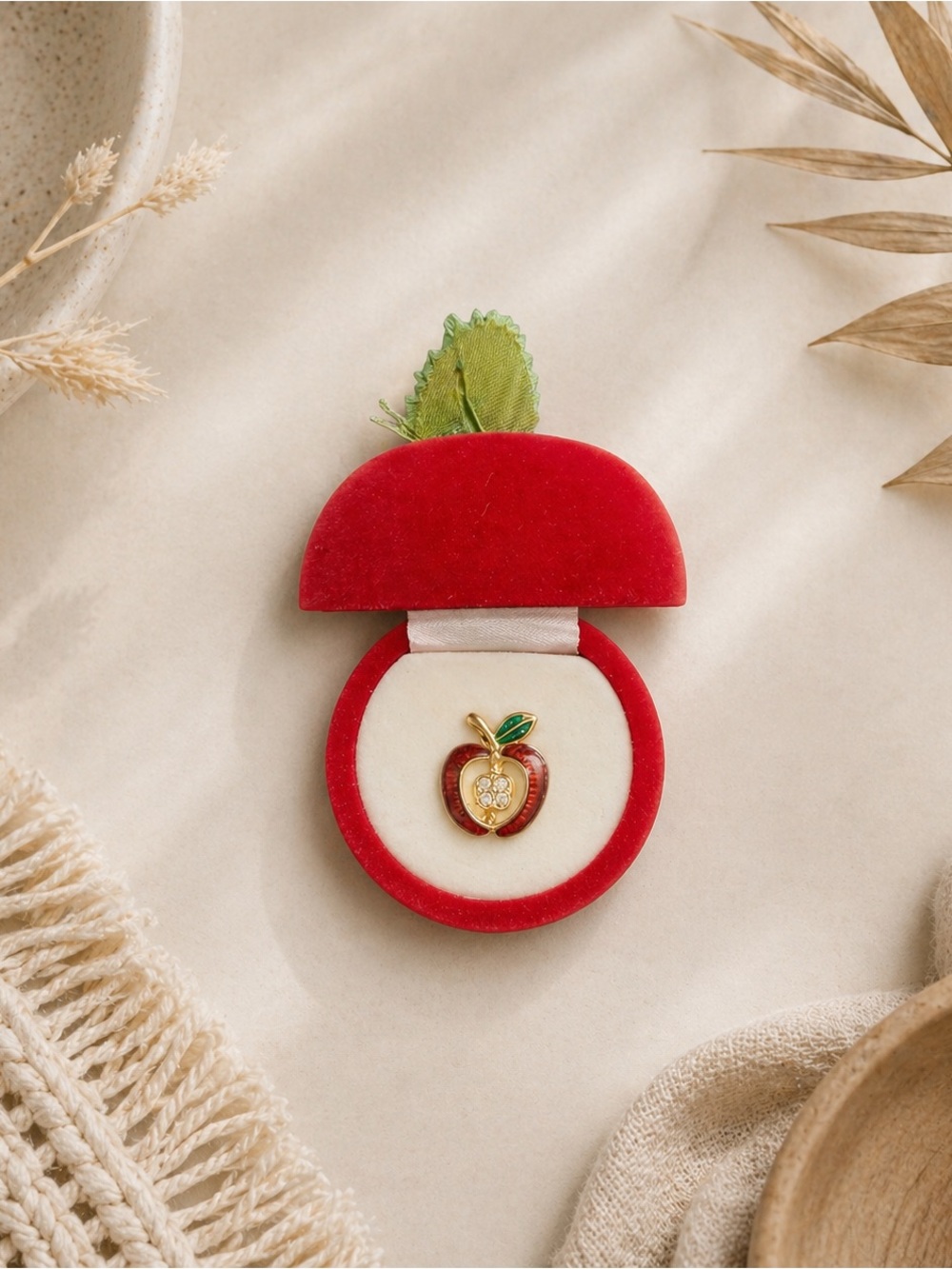 Vintage Red Apple velvet Jewelry Box with Gold and Red Apple lapel pin.